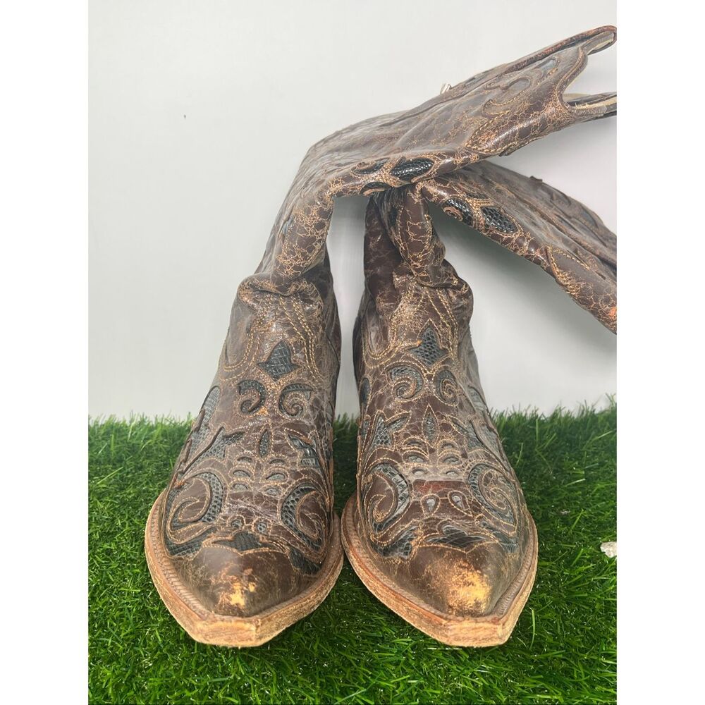 Corral Western Cowboy Boots Women Size 10 Brown Distressed Embroidered Snip Toe - Picture 4 of 9